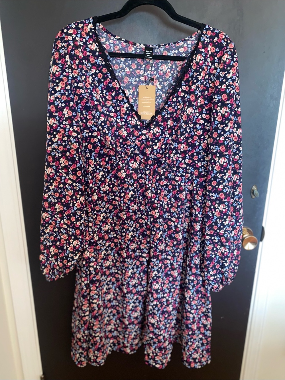 SHEIN Navy Floral Long Sleeve Dress with Pink & White Blooms
